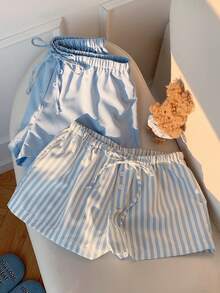 Comfortcana Bộ 2 quần short nữ kiểu dáng thường ngày: Vải dệt kẻ sọc xanh dương, thiết kế cài nút phía trước. - Màu xanh lam - Xem 5