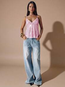 SHEIN BAE Autumn/Winter Solid Color Sexy Deep V-Neck Deep Brown Sequin Strap Women's Top, Sequin Women's Camisole, Autumn/Winter Undershirt, Party Cocktail Occasion - Baby Pink - View 3