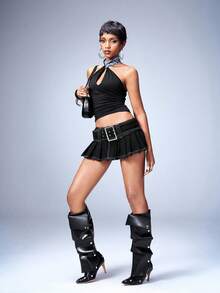 Shutterstock Y2Kool Women's Sexy Sequin Patchwork Backless Cropped Halter Top, Summer - Black - View 3