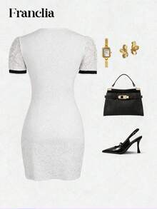 Franclia French Style Bow Lace Mini Dress - Black and White - View 5