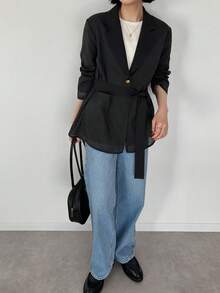 FRIFUL Women's Chiffon & Mesh Patchwork Cinched Waist Blazer - Black - View 2