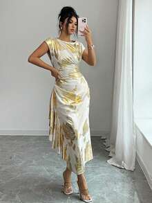 Elenzga Vestido de mujer elegante con volantes en la cintura y el bajo, estampado floral aleatorio, para verano - Albaricoque - Ver 3