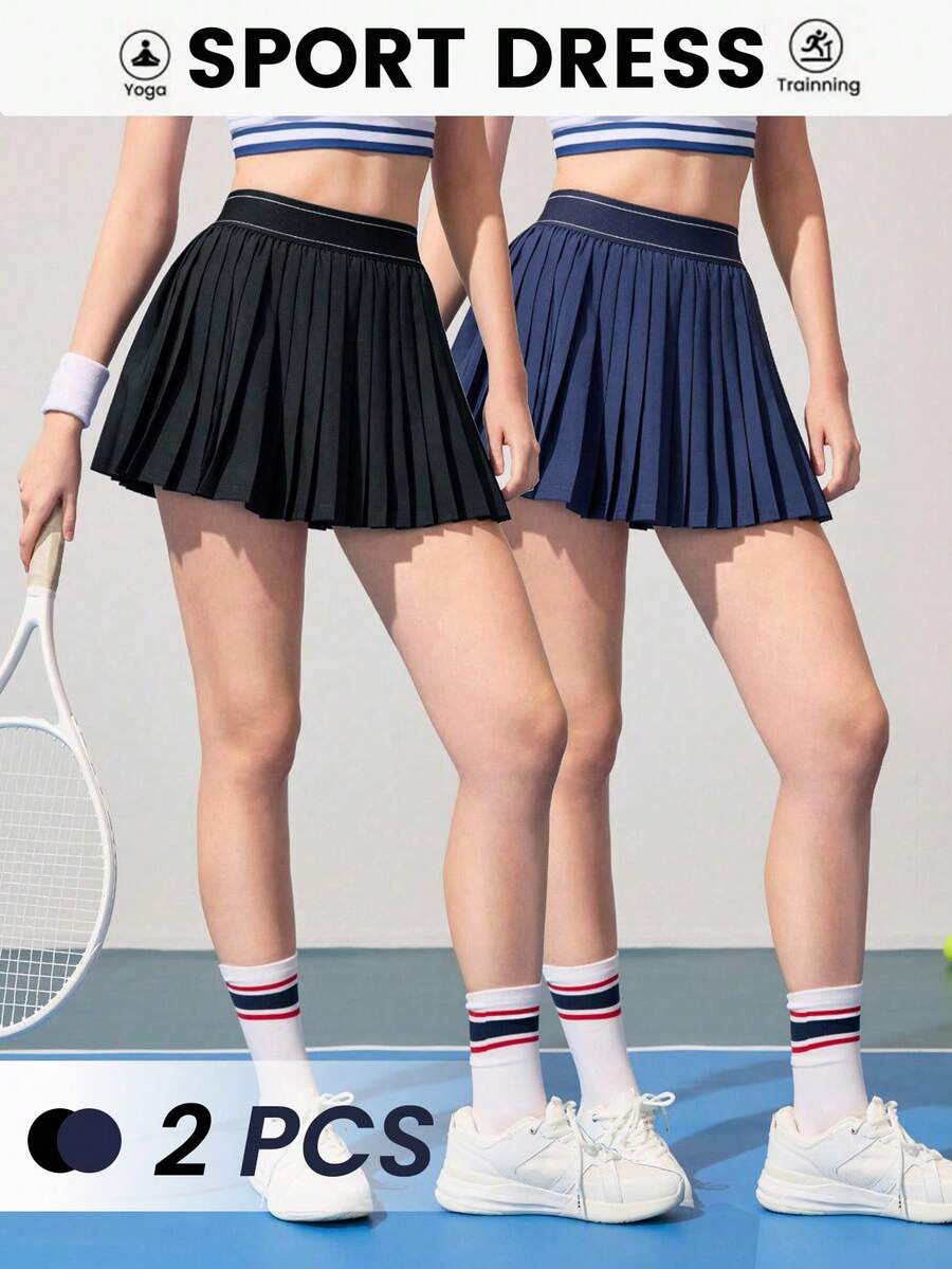Velisys 2pcs/Set Casual Versatile High Elastic Waistband Slim Fit Pleated Yoga Sports Skirt Shorts - Multicolor - View 1