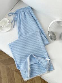 Elamini Women's Vacation Casual Striped Lace Trim Pants - Blue - View 4