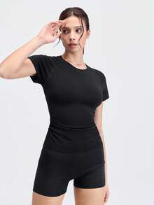 Loungeista 1件女士褶皱胸衣，竹纤维短袖修身塑形上衣，显瘦透气舒适T恤 - 黑色 - 查看 4