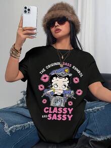 Betty Boop x SHEIN 大码夏季休闲字母卡通图案圆领短袖T恤 - 黑色 - 查看 3