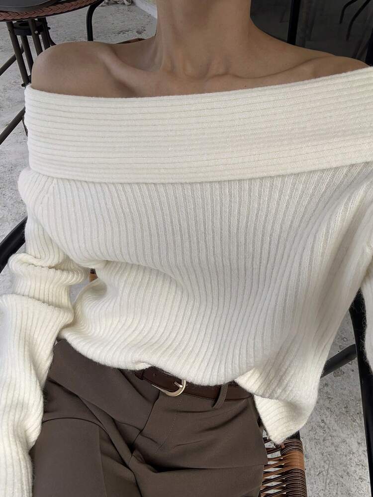 DAZY 1pc Women Off-Shoulder Knitted Sweater, Elegant Design Loose Fit Pullover - White - View 4