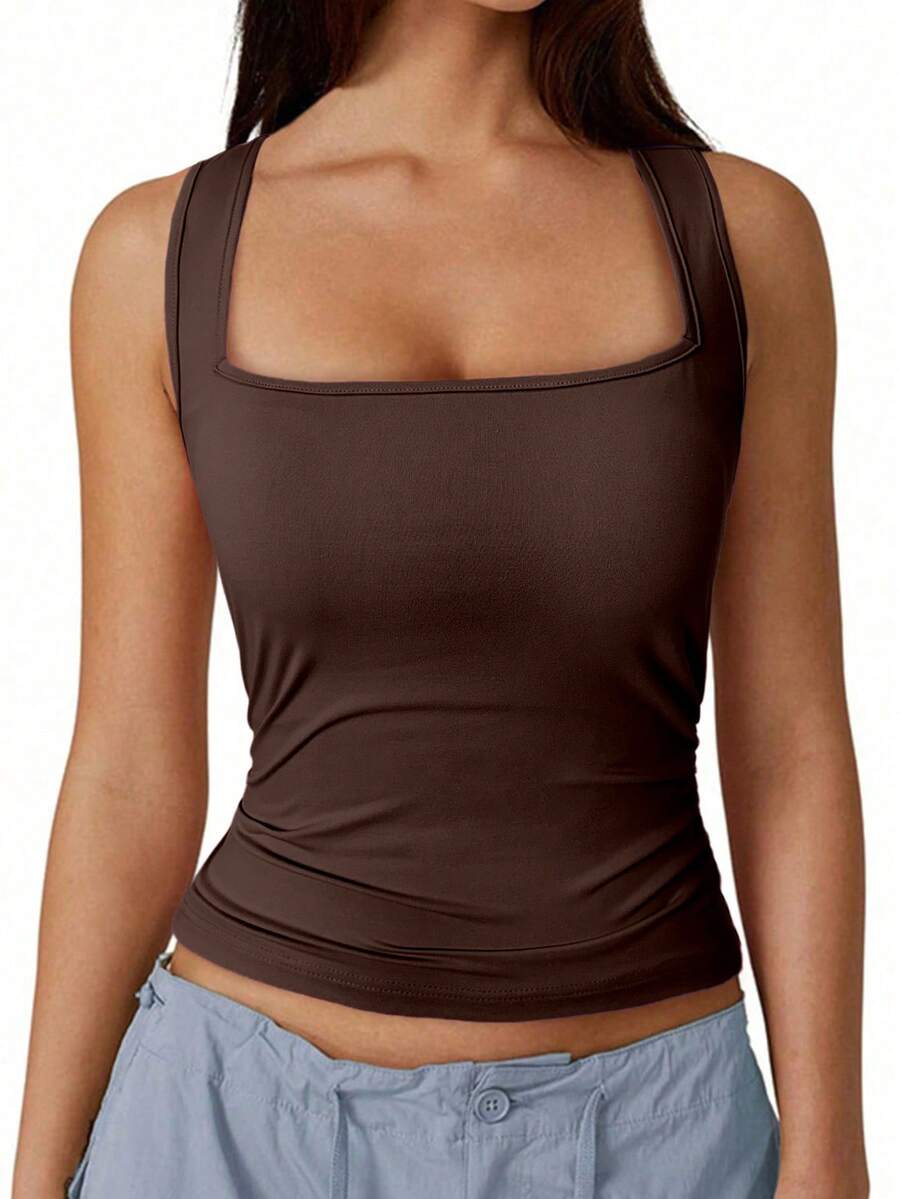 SHEIN SXY 休闲纯色方领背心，夏季百搭 - 棕色 - 查看 1