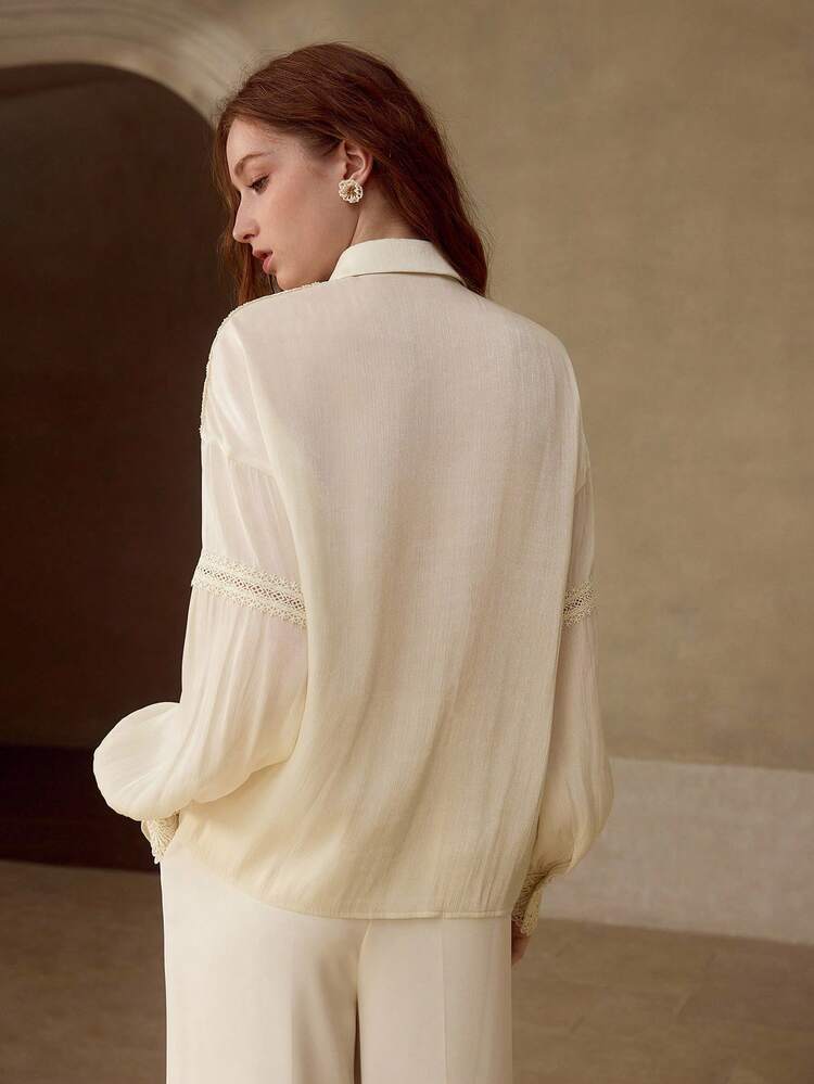 CAMISA CÓMODA DE MEZCLA DE TENCEL CON ENCAJE DE CONTRASTE LIGERA, PRIMAVERA/VERANO