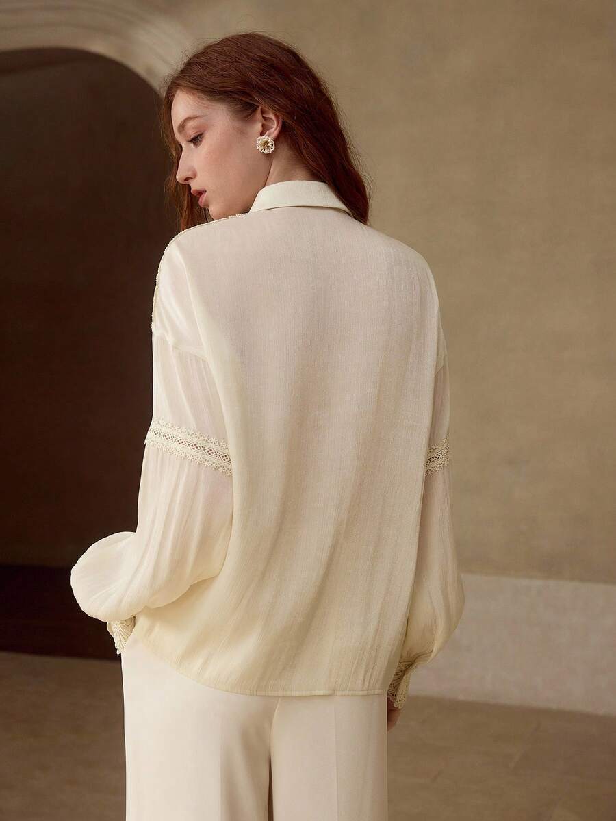 MOTF PREMIUM ÁO SƠ MI NHẸ, PHỐI REN TƯƠNG PHẢN, CHẤT LIỆU TENCEL PHA, THOẢI MÁI, DÀNH CHO MÙA XUÂN/HÈ - Vàng nhạt - Xem 2