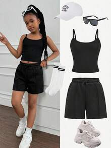 TweenGirl New Spring/Summer Casual Basic Sports Square Neck Camisole + Pleated Decor Sports Pants Black 2pcs Set, Sportswear, Loungewear, Suitable For School, Outdoor - Black - View 1