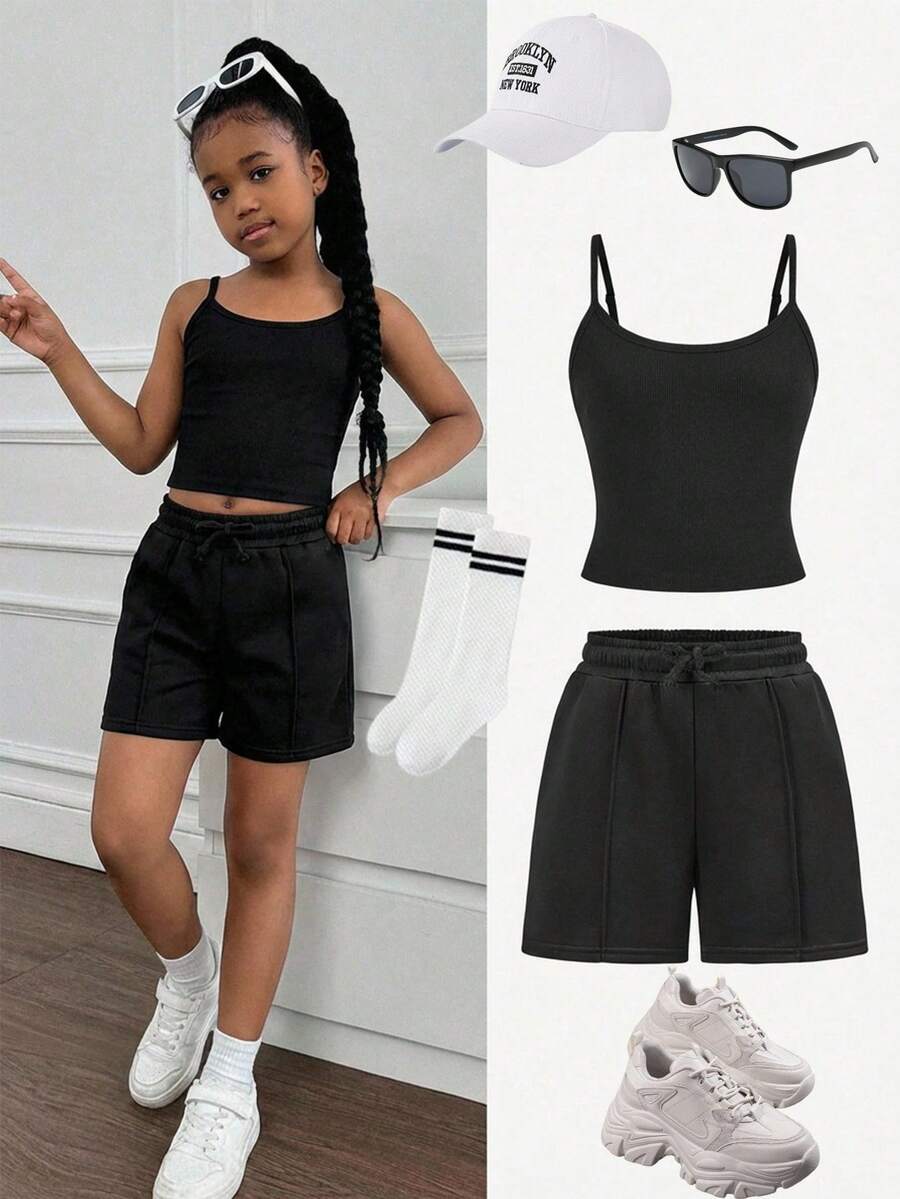 TweenGirl New Spring/Summer Casual Basic Sports Square Neck Camisole + Pleated Decor Sports Pants Black 2pcs Set, Sportswear, Loungewear, Suitable For School, Outdoor - Black - View 1