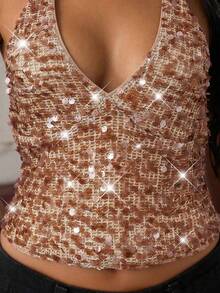 SHEIN BAE Canotta aderente da donna con scollo a V, spalline sottili, collo a canottiera e decorazioni in paillettes, senza schienale - Castano - Visualizzare 6