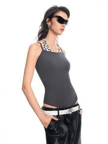 Airlisse Women's Chic Leopard Print Spaghetti Strap Backless Bodysuit,Elegant Gray Summer Everyday Cheetah Y2K Yoga Top Tummy Control Bathing Suit - Grey - View 5