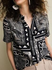 Écloséra 法式复古风短袖黑色杏色碎花衬衫，优雅女士通勤衬衫，春夏女士衬衫，夏季优雅女士上衣，女士户外上衣，适合外出穿着。女士工作上衣，夏季衬衫，女士夏季衬衫，女士衬衫，西式衬衫，女士工作上衣，女士衬衫，女士夏季衬衫，女士纽扣衬衫 - 彩色 - 查看 4