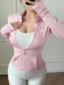 DAZY Women's Casual Commuting Sports Bow Print Zip-Up Fitted Jacket, Spring/Autumn - Pink - View 3