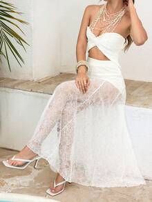 Modelyn Women's Solid Color Sheer Lace Skirt, Suitable For Beach/Vacation Lace Two Piece Set White Two Piece Set Vacation Two Piece Set Beach Two Piece Set Cream Two Piece Set Swimsuit Cover Up Skirt See Through Skirt Lace Maxi Skirt Bikini Cover Up Skirt White Skirt Cover Up - Apricot - View 7