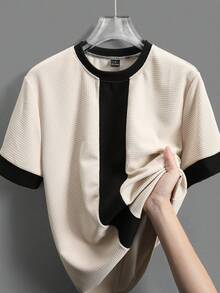 SLATEMANN Áo thun nam dệt jacquard phối màu tương phản, đa năng cho mặc hàng ngày, áo thời trang nam, áo thun nam thường ngày, áo lưới nam, áo sơ mi dệt kim nam. - Nhiều màu - Xem 9