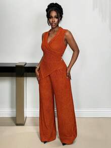 Xyvia Bộ đồ hai mảnh dành cho nữ, chất liệu vải dệt kim kẻ sọc dọc, cổ chữ V, không tay, vạt áo bất đối xứng, eo nhún bèo, khóa kim loại, thanh lịch, sang trọng, tinh tế, thích hợp cho tiệc tùng, đi làm, mùa xuân/hè. - Màu Cam cháy - Xem 4