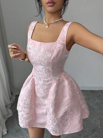 Rafferiza Women's Square Neck A-Line Jacquard Mini Dress, Pink