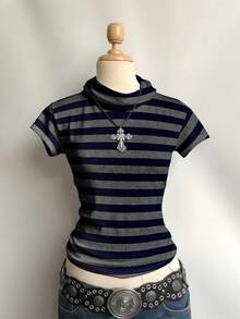 Attitoon 休闲复古朋克 Y2K 百搭派对机场高领短袖修身女式T恤，秋冬季穿着舒适 - 彩色 - 查看 4