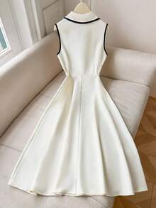 GlowEve Women's Elegant Commuter Minimalist Elegant Contrast Trim Button Collar Sleeveless Fitted Dress, Summer - Apricot - View 2