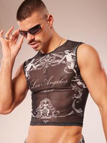 FeverCity Men's Fever City Angel Print Casual Fashion Tank Top Men Rave Top Men Mesh Crop Top Men Sexy Top Mens Graphic Cropped Top Los Angeles Mesh Top - Multicolor - View 3