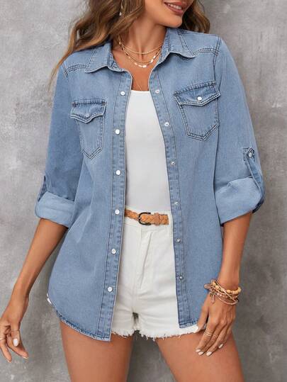 EMERY ROSE Blusa vaquera casual de mujer con botones delanteros y bolsillo con solapa, otoño