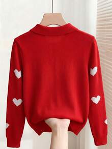 Chiquease Back-To-School Red And White Heart-Shaped Jacquard Pullover Sweater,Cute Autumn Long-Sleeved Round Neck Fitted Design For School,Parties & Weddings - Red and White - View 4