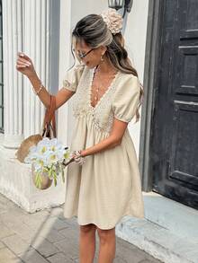 Serisse Women's Embroidered Hollow-Out Puff Sleeve Fashionable Mini Dress,French Sweet V-Neck Hollow Embroidery Puff Sleeve Dress, Lace Patchwork Design,Slim High-Waist A-Line Skirt, Doll Shirt Style,Summer Stylish Niche Short Skirt,Holiday Dress,Women Vacation Dress,Summer Holiday Outfits,Beach Dress,Elegant Summer Resort Dress - Apricot - View 7