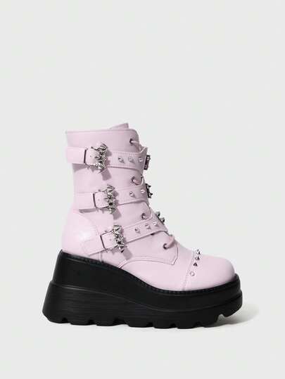 Grunge Punk 2025 Nuovi stivali di moda con suola spessa in pelle PU scura punk, stivali corti gotici sottili per donna, autunno/inverno