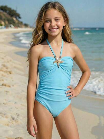 SHEIN 女童浅蓝色星星图案挂脖连体泳衣