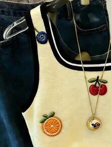 Resyla New Arrival Bestselling Women Embroidered Fruit Print Loose Casual Contrast Stripe Regular Fitted Tank Top