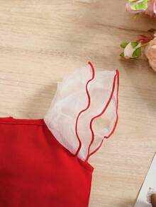 SHEIN Cute Red Patchwork Organza Ruffle Trim Jumpsuit For Baby Girl, Summer Baby Girl Clothes Red Outfit Overall Baby Girl Jumpsuit - Multicolor - View 3