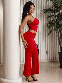 Lureya 女士时尚性感不对称镂空连体裤，优雅百搭，适合日常休闲、派对、春夏穿着 - 紅色 - 查看 6