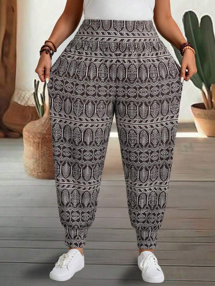 Pantalones jogger de talla grande con bolsillo en diagonal y estampado todo sobre, estilo casual y de vacaciones/verano/primavera, para mujeres de talla grande, vacaciones de verano, vacaciones de primavera