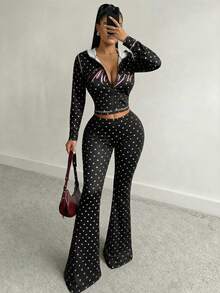 SHEIN SXY 两件套加大码波点印花连帽长袖上衣和喇叭裤套装 - 黑色 - 查看 10