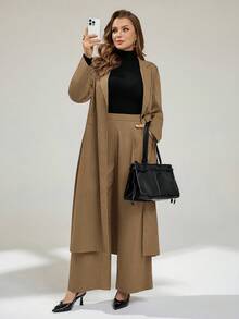 Auralis Plus Size Casual Commuter Jacket And Pants Suit - Camel - View 4