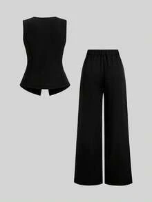 SHEIN PETITE CURVE Elegant Black Woven Fabric Round Neck Camisole And Wide Leg Pants Co-Ord Set For Women - Black - View 2