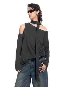 Airlisse Women's Fashionable Lace Asymmetric Tie-Up Loose Shoulder Contrast Color Long Sleeve Sweatshirt, Spring/Summer Y2K - Grey - View 4