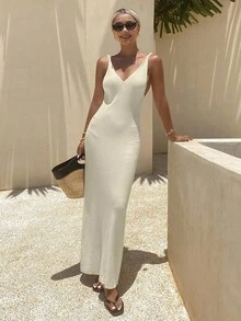 Livesso Women's Summer V-Neck Sleeveless Waist Cinched Knit Dress Spring - White - View 4