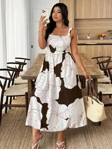 SHEIN Clasi 随机印花休闲度假风无袖数码印花加大码连衣裙 - 彩色 - 查看 4