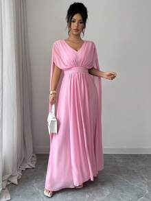 Elenzga Đầm maxi nữ màu trơn chất liệu chiffon, có lớp lót, xếp ly eo, dây rút điều chỉnh, vai rớt, kiểu dáng thanh lịch, cổ điển Pháp, lãng mạn và tối giản, phù hợp cho công sở, đi làm, kinh doanh, thường ngày, đi biển, hẹn hò, phong cách boho, mùa xuân/hè. - Hồng - Xem 7