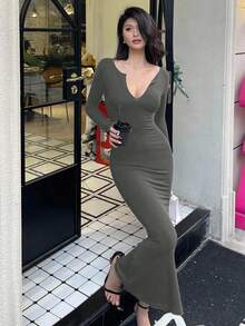 DAZY 女士V领裹身长袖中长连衣裙 - 深灰色 - 查看 2