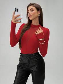 Almamuse Petite Women's Fashion Sheer Mesh Patchwork Long Sleeve Hollow Out Bodysuit For Beach - Red - View 7