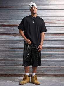 AXEPEAK 男士休闲字母图案圆领短袖T恤，夏季 - 黑色 - 查看 5