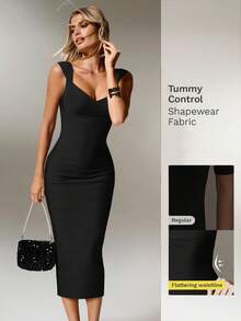 Nuvra Women's Fitted Waist Ribbed Knit Burgundy Midi Bodycon Party Dress - Black - View 11