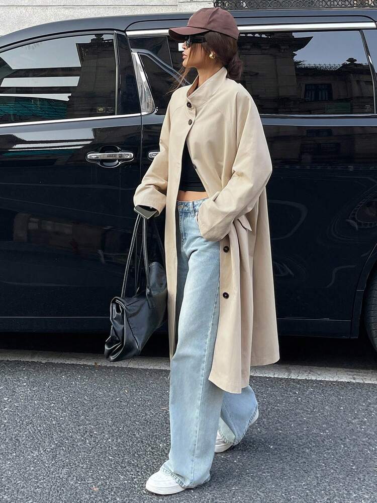 Casual Loose Raglan Long Trench Coat For Women, Single-Breasted Mid-Length Coat