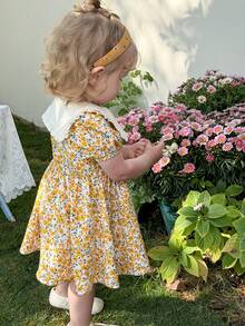 LMoss Kids Baby Girl Cute Ditsy Floral Bubble Sleeve Square Neck Dress, Summer - Multicolor - View 6