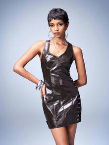 Y2Kool Women's Dark Brown Sexy Spicy Girl Studded Fashion Sleeveless Leather Princess Mini Dress, Summer Style Metallic Dresses For Women Latex Dress - Coffee Brown - View 3